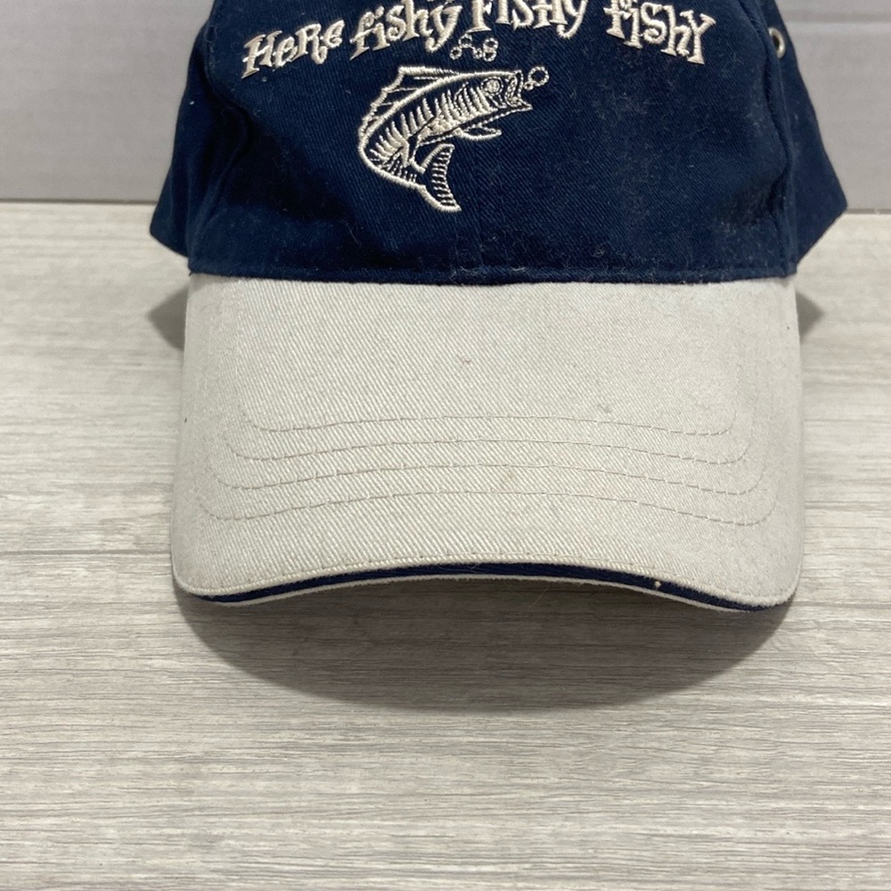 Here Fishy, Fishy Hat Navy Blue & Tan. 100% Cotton. Adjustable Strap. - Picture 5 of 7